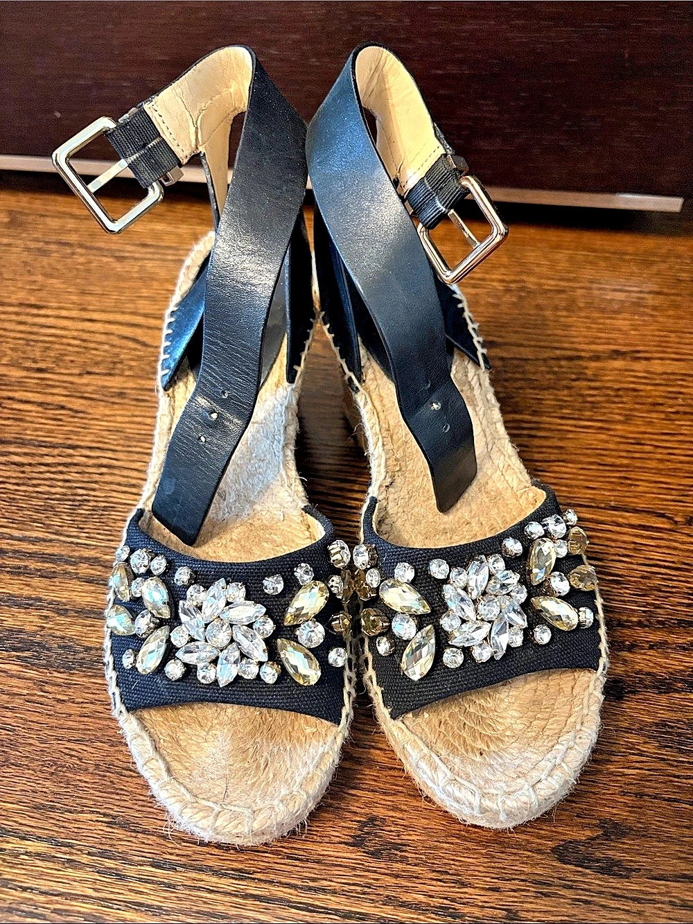 Ivanka Trump Hasco Jeweled Espadrille Wedge Sandals Black & Tan